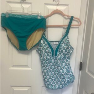 Talbots Teal and White Printed Tankini with Solid Teal Bottoms